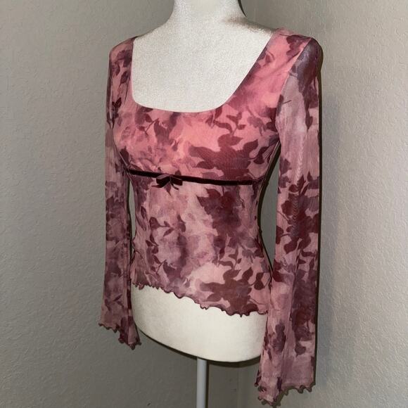 Cider Tops - Cider Mesh Square Neck Floral Wrap Long Sleeve Tee Womens Size S/M Fairy Romance